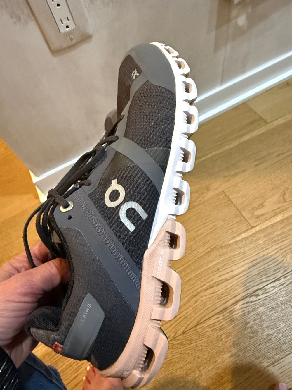 On Cloud Running Shoe in Charcoal and Light Pink